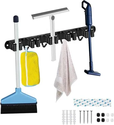 Produktbild von Famanu Halter für Besen aus rostfreiem Stahl mit 5 Halterungen und 4 Haken - Wandmontage