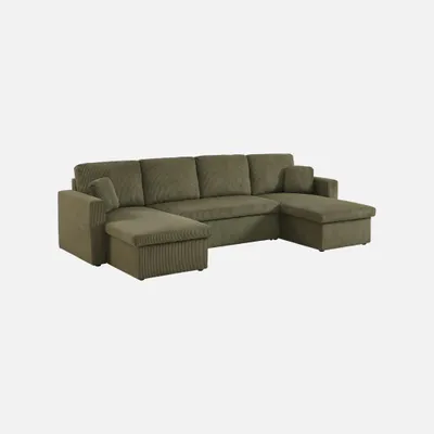 Produktbild von sweeek - 4-Sitzer Wohnlandschaft mit Schlaffunktion, Stauraum und Cordbezug - Khaki