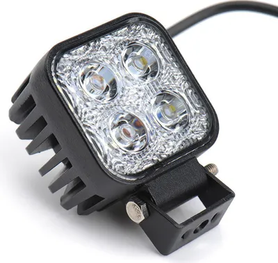 A close-up studio shot of a square LED work light with a black housing and a metal mounting bracket.