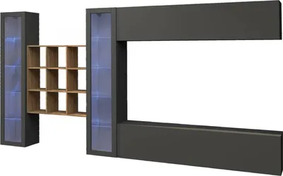 Produktbild von Wohnzimmermöbel Dfancon, Wohnzimmer-Set TV-Möbel mit 4 Türen, Mehrzweck-Wohnzimmermöbel mit Vitrine und LED-Beleuchtung, 100 %  Italy, cm 350x30h180, Anthrazit