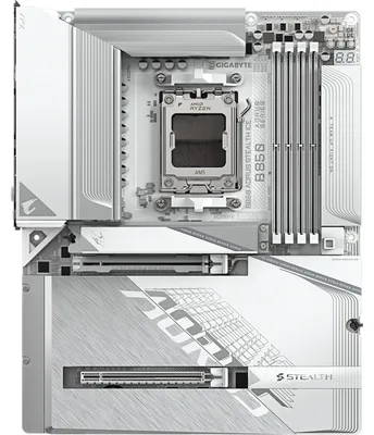 Produktbild von GIGABYTE B850 AORUS STEALTH ICE Mainboard – Unterstützt AMD Ryzen 9000 Serie CPUs, digitales 14+2+2 Phasen VRM, bis zu 8200 MHz DDR5 (OC), 2 x PCIe 5.0 + 2 x PCIe 4.0 M.2, Wi-Fi 7, 5 GbE LAN, USB 3.2 Gen 2