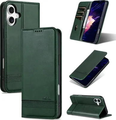 Immagine prodotto di custodia per iPhone 16 Plus, portafoglio con chiusura magnetica e supporto, custodia in pelle flip per iPhone 16 Plus verde
