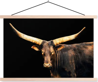 Produktbild von MuchoWow® Textilposter Kuh - Watussi - Braun 120x80 cm mit holzfarbenen Rahmen - Aufhängeset