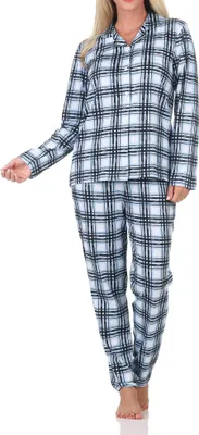 Produktbild von Normann Damen Jersey Pyjama langarm zum durchknöpfen in Karo Optik - auch in Übergröße ; hellblau , 56
