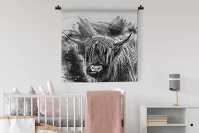 Produktbild von MuchoWow® Wandteppich Wandbehang Scottish Hochlandrind - Farbe - Schwarz - Weiß 90x90 cm Tapisserie Dekoration Wandtuch - Wandaufhänger