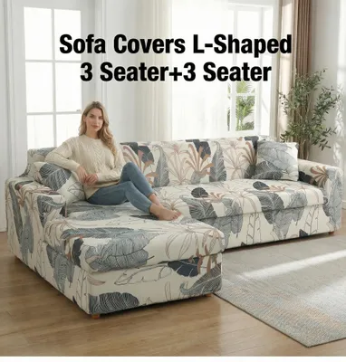 Produktbild von Sofa Überzug Couch Überzug 2er Set für Ecksofa L-Form Sofabezug 3 Sitzer+3 Sitzer, Universal Stretch Antirutsch Sofabezug, Beige Blüten