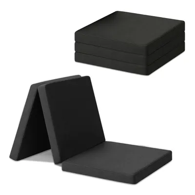 A folded mattress is shown in two configurations: stacked and unfolded.