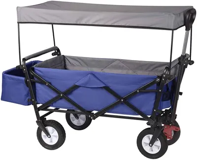 Produktbild von Zusammenklappbarer Bollerwagen mit Dach und Bremsen für Garten und Camping | Blau | 120x51x93 cm