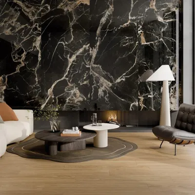 Imagen del producto de CASA39. Gres porcelánico con efecto mármol, 60x120 cm. Colección Ava Black Gold de La Fabbrica
