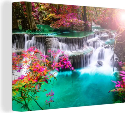 Produktbild von MuchoWow® - Leinwandbilder - Wasserfall - Sonne - Bäume - Regenbogen - Natur, Wandbild, Wanddeko Bilder Wohnzimmer, 80x60 cm