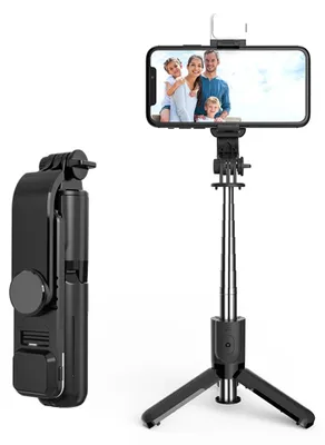 Produktbild von Techsuit Mini Selfie-Stick L11s mit stabilem Stativ, Bluetooth-Fernbedienung und LED-Licht, 75 cm – schwarz