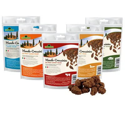 Produktbild von Hunde-Crossinies - 5 Sorten nur 3 Zutaten 90 % Fleisch + Lachsöl + Eiweiß