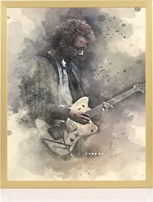 A watercolor-style illustration of a man playing a guitar.