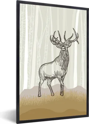 Produktbild von MuchoWow® Gerahmtes Poster Eine Illustration eines Hirsches mit großem Geweih 60x90 cm - Poster mit Schwarzem Bilderrahmen Wandposter Rahmen Foto Bilder - Kunst