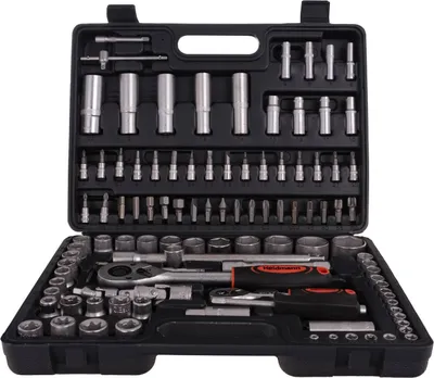 A black toolbox filled with various metal tools, including sockets, wrenches, and bits.
