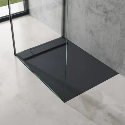 Produktbild von doporro Duschtasse Duschwanne 75x100x4 flach Mineralguss in Anthrazit DIN-Anschlüsse für bodenebene Montage geeignet Geoma04