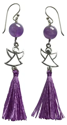 Image de Boucles d'oreilles « Ange » 1,2 cm en argent 925 avec une perle d'améthyste et un pompon violet, 5,5 cm