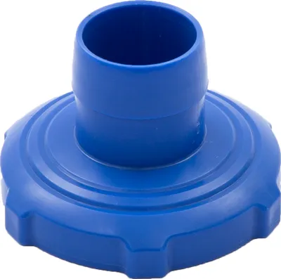 A blue plastic pool accessory with a threaded base and a hose adapter.