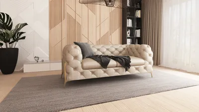 Produktbild von S-STYLE MÖBEL - Nebula - Chesterfield Sofa 2-Sitzer mit Goldene Metall Füßen aus Beige Samtstoff - B/T/H: 185 cm / 100 cm / 75 cm