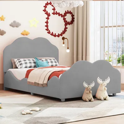 Produktbild von Flieks Kinderbett 90x200cm mit Lattenrost, Polsterbett Jugendbett mit wolkenförmigem Kopf- und Fußteil, Einzelbett Holzbett Bodenbett, Samt, Grau