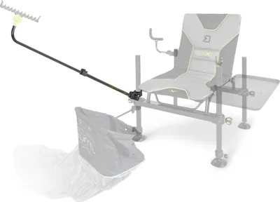 A fishing chair with an attached feeder arm and a net.