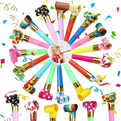 20 bunte Partytröten & Luftschlangen-Blaser für Kindergeburtstag