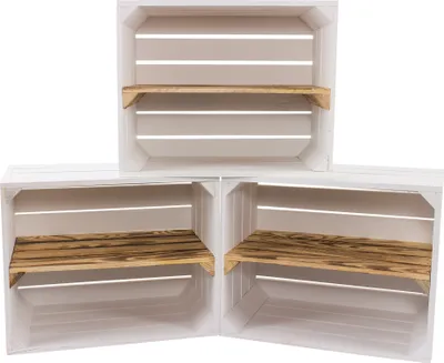 Produktbild von 3er Set neue weiße Holzkiste mit geflammten Mittelbrett 50cm x 40cm x 30cm Schuhregal Wandregal Holzkiste Obstkisten/Weinkisten Regal aus Holz Ablage DIY