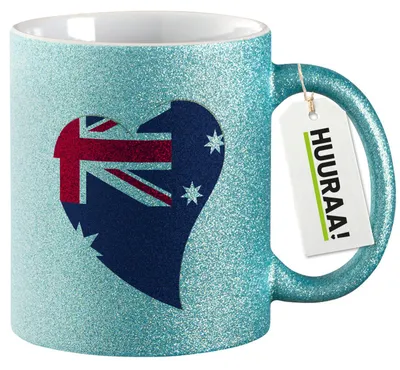 Produktbild von Huuraa Glitzertasse Australien Flagge Herz 330ml Blau Keramik Kaffeebecher Geschenkidee