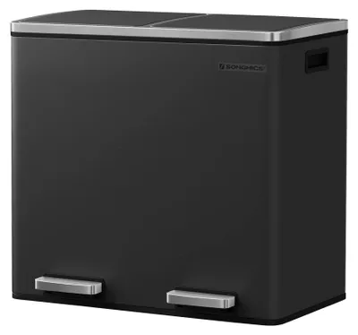 Image de SONGMICS, poubelle, bac de tri sélectif avec 2 compartiments, poubelle à pédale pour la cuisine, capacité de 24 litres, système de fermeture en douceur, bac intérieur en plastique, pédales et poignées, couleur noire, modèle LTB48BK, dimensions : 58,5 x 32 x 54,5 cm