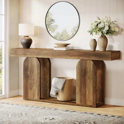 Immagine prodotto di Tavolino consolle in legno, 160 x 30 x 85 cm, color marrone chiaro, a due ripiani, forma a U