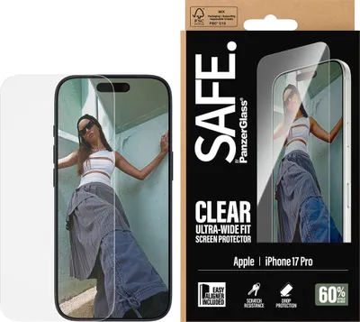 Zdjęcie produktu dla PanzerGlass SAFE. by ® Screen Protector iPhone 17 Pro | Ultra-Wide Fit w. EasyAligner, Apple, Apple - iPhone 17 Pro, Aplikacja na sucho, Odporny na zadrapania, Odporny na wstrząsy, Przezroczysty, 1 szt.