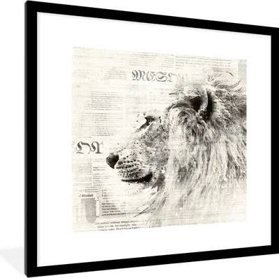 Produktbild von MuchoWow® MuchoWow® Gerahmtes Poster Löwe - Zeitung - Schwarz - Weiß 40x40 cm - Poster mit zchwarzem Bilderrahmen - Poster - Plakat im Rahmen