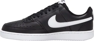 A side view of a black Nike Court Vision Low sneaker with a white Nike swoosh.