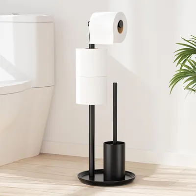 Produktbild von Freistehender Toilettenpapierhalter aus Edelstahl mit Toilettenbürste - Toilettenpapierhalter mit Toilettenbürste, Toilettenset mit freistehendem Toilettenpapierhalter und Toilettenbürste, freistehender Toilettenpapierhalter (matt schwarz)