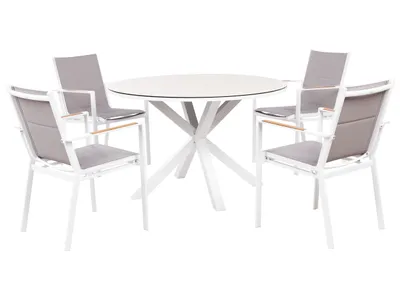 Produktbild von BELIANI Gartenmöbel Set 5-teilig Weiß u. Taupe Aluminium Tisch ⌀ 120 cm Rund Keramikplatte mit 4 Stühlen Bespannt Grau Stapelbar Terrasse Außenbereich
