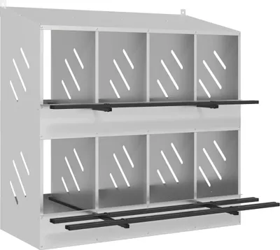 A white metal nesting box with 8 compartments for chickens, shown from a front-side angle against a white background.