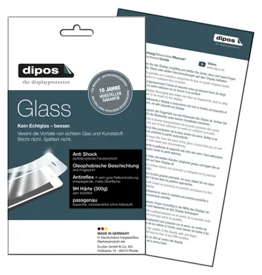 The image shows the packaging of a screen protector, with a folded instruction manual behind it.