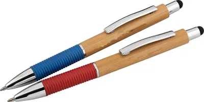 Produktbild von 2x Touchpen-Kugelschreiber aus Bambusholz / mit Metallclip / 2 Farben