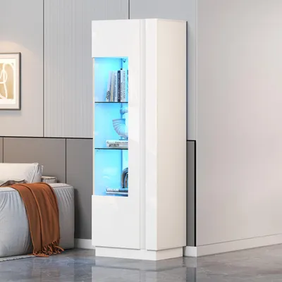 Image de MODFU Vitrine Haute Blanc avec 5 Compartiments et Éclairage LED, Buffet Vitré Moderne en Panneau de Particules et Verre Trempé - 60x40x180 cm