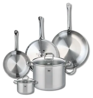 Image de Ensemble de 3 Poêles de cuisson 24, 28 et 32 cm et 2 faitouts 14 et 26 cm Elo Profi Citrin
