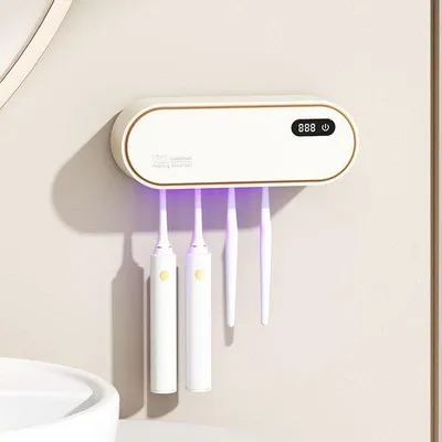 Obrázek produktu pro Elektrický držák na zubní kartáčky pro montáž na zeď, s UV dezinfekcí, časovačem a sušičkou, 1800 mAh, 4 háčky, koupelnové příslušenství pro děti i dospělé, bílá barva