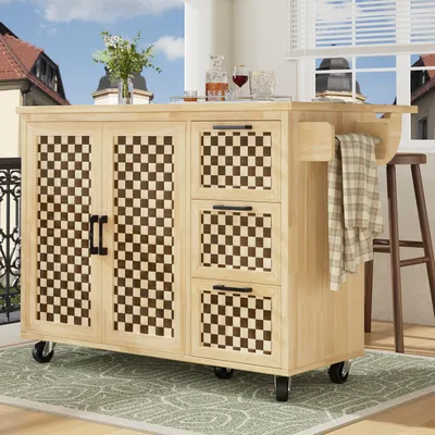 Image de MODFU Îlot De Cuisine Avec Table Escamotable Et Roulettes - Desserte De Cuisine Extensible Avec 3 Tiroirs Et Portes De Rangement - Naturel