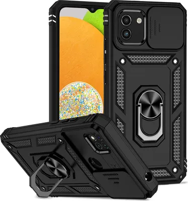 Produktbild von Galaxy A03 Hülle mit Schiebe Kamera Schutz und Ringhalter Ständer Robust Rüstung Schutzhülle für Samsung Galaxy A03 Schwarz