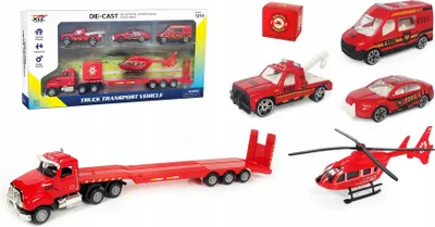 Produktbild von Feuerwehr Transporter LKW mit 4 Metallautos - Spielzeugset Autotransporter für Kinder 30cm
