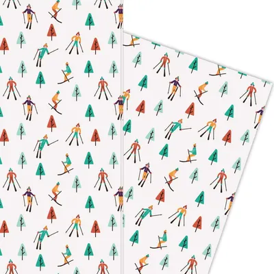 Produktbild von Lustiges Winter Geschenkpapier mit Skifahrern großes Muster - G5917, 32 x 48cm