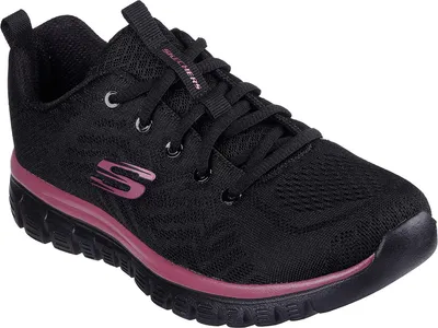 A single black Skechers women's athletic shoe with pink accents is shown against a white background.