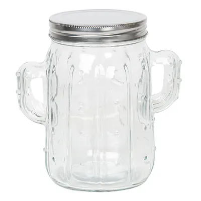 A clear glass jar shaped like a cactus with a silver lid.