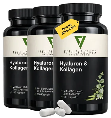 Image de Complexe d'acide hyaluronique et de collagène : 1000 mg de collagène, 200 mg d'acide hyaluronique, 25 mg de vitamine C, 10 mg de zinc, 145 µg de biotine