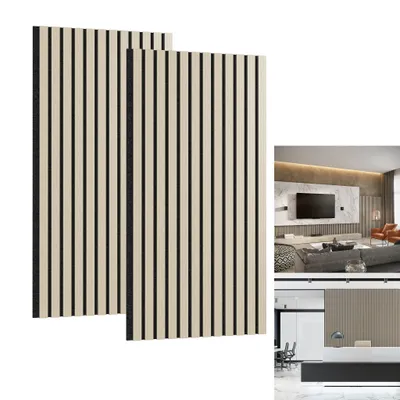 Two acoustic wall panels with vertical beige and black stripes are shown against a white background. A smaller inset image shows a living room with a TV and furniture, and another inset shows a reception area.