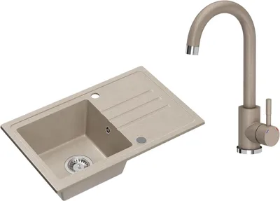 Imagen del producto de Lavabo de granito beige para encastrar, modelo VBChome, con grifo, de 70 x 44 cm. Fregadero individual, con diseño moteado, reversible. Lavabo de granito beige con grifo y sifón